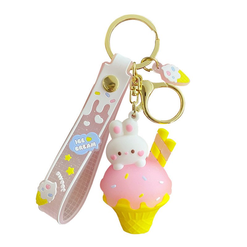 Lilangda Cute Dessert Pink Ice Cream Rabbit Key Chain Girl Heart Sweet Ice Cream Cone Straw Bunny Doll Keychain Bag Pendant Gift