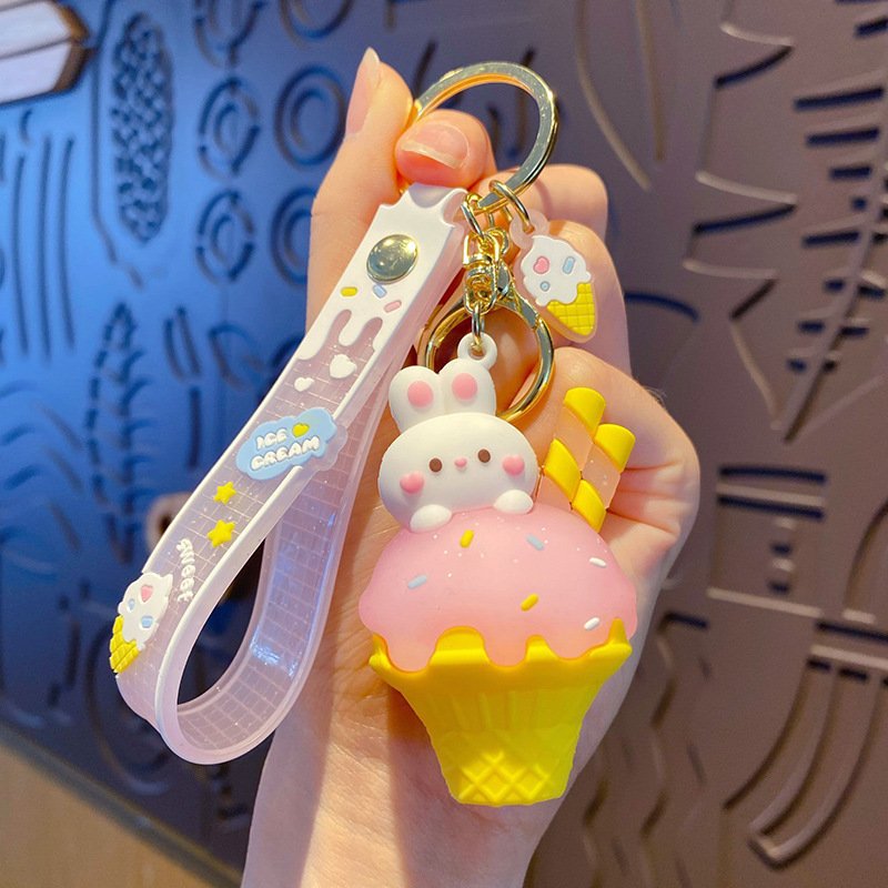 Lilangda Cute Dessert Pink Ice Cream Rabbit Key Chain Girl Heart Sweet Ice Cream Cone Straw Bunny Doll Keychain Bag Pendant Gift