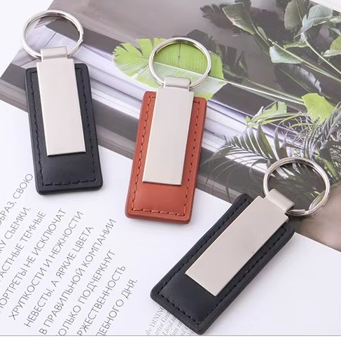 Custom Logo Laser Engraved PU Leather Keychain Promotional Car Accessory Silver Metal Keyring Featuring Alloy Materials