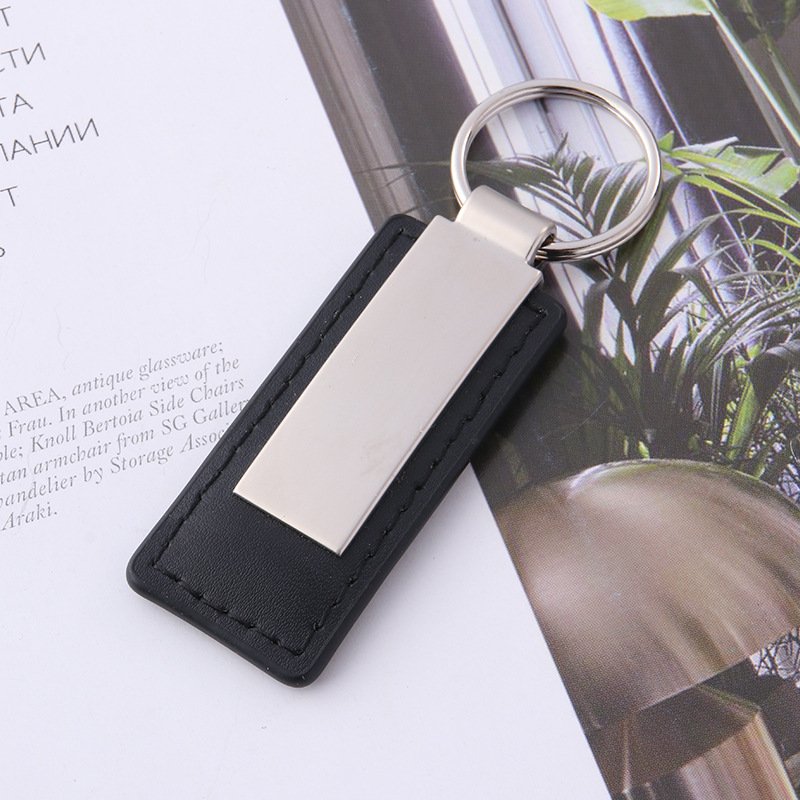 Custom Logo Laser Engraved PU Leather Keychain Promotional Car Accessory Silver Metal Keyring Featuring Alloy Materials