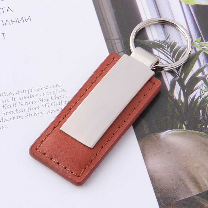 Custom Logo Laser Engraved PU Leather Keychain Promotional Car Accessory Silver Metal Keyring Featuring Alloy Materials