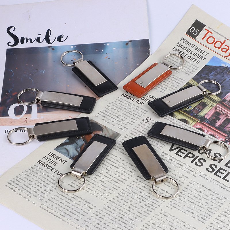 Custom Logo Laser Engraved PU Leather Keychain Promotional Car Accessory Silver Metal Keyring Featuring Alloy Materials