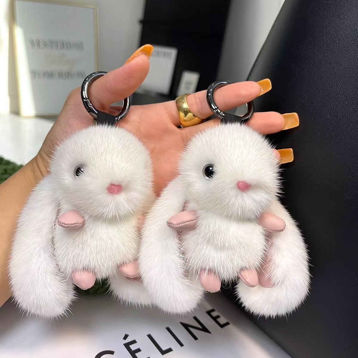 Rabbit bag charm Internet celebrity European mink rabbit cute plush lop-eared rabbit doll gift car key chain pendant