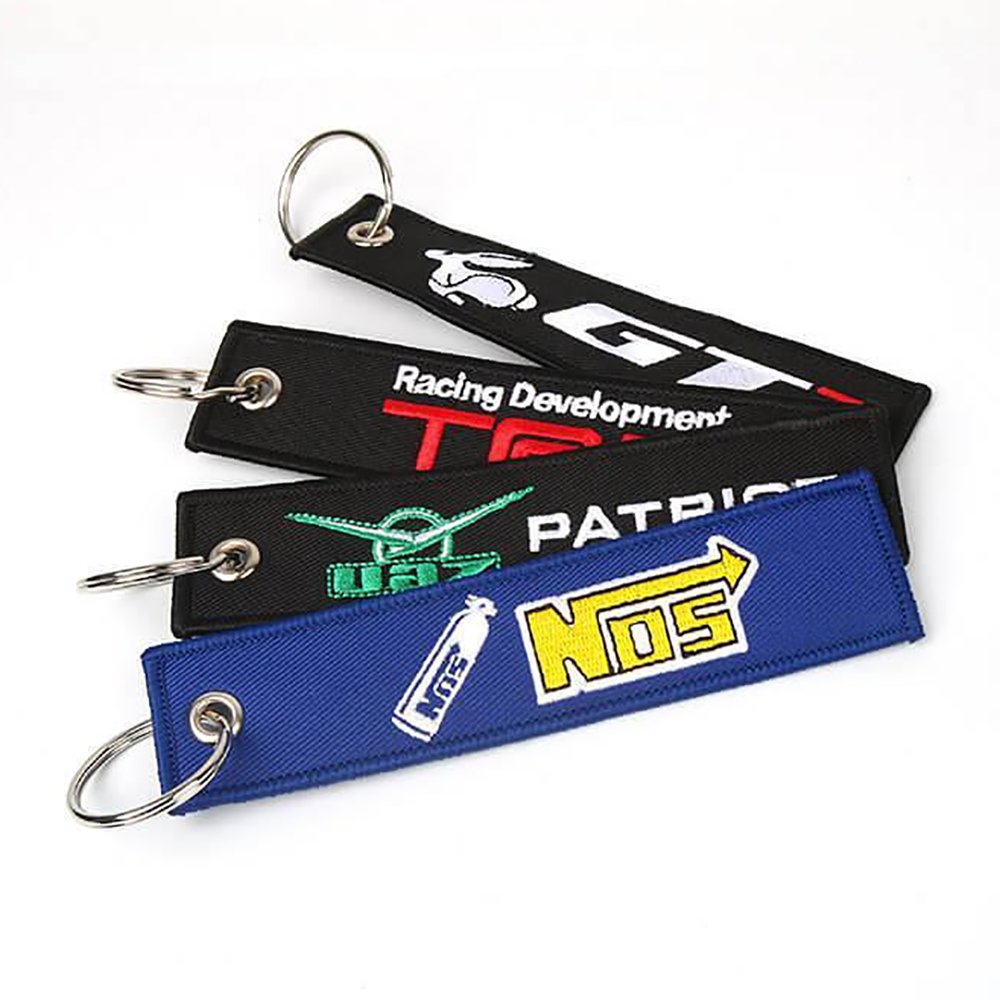 Custom Logo Car Scooter Fabric Embroidery Woven Keychains Jet Tag Keyring Custom Motorcycle Key Chain Car Embroidered Keychains