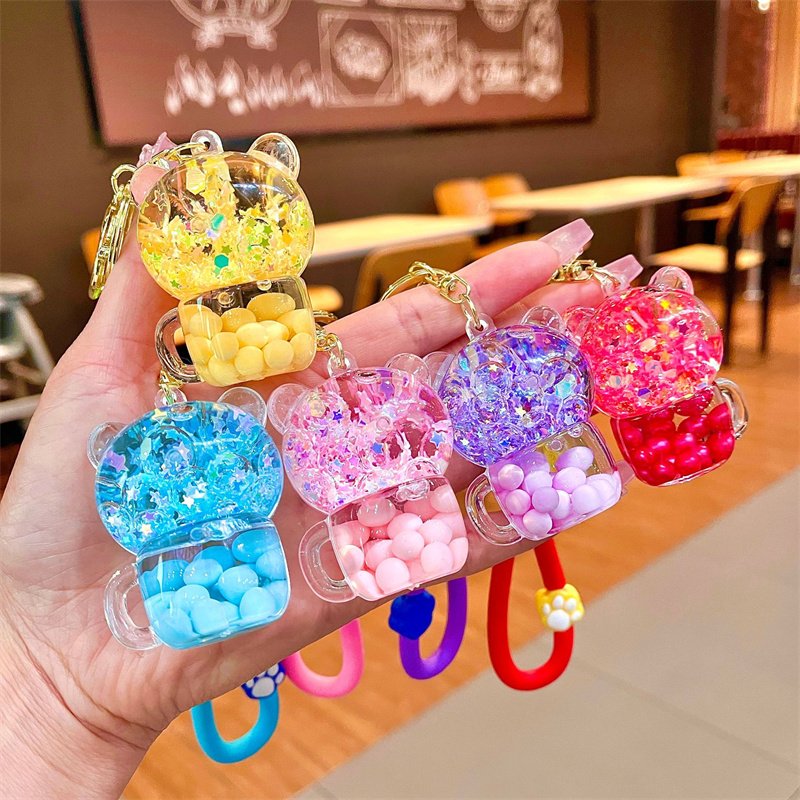Most popular Cute Kawaii Frog Duck Panda Bear animal keychain women bag Charm Car Keyholder Accessories Pendant Liquid Keychain