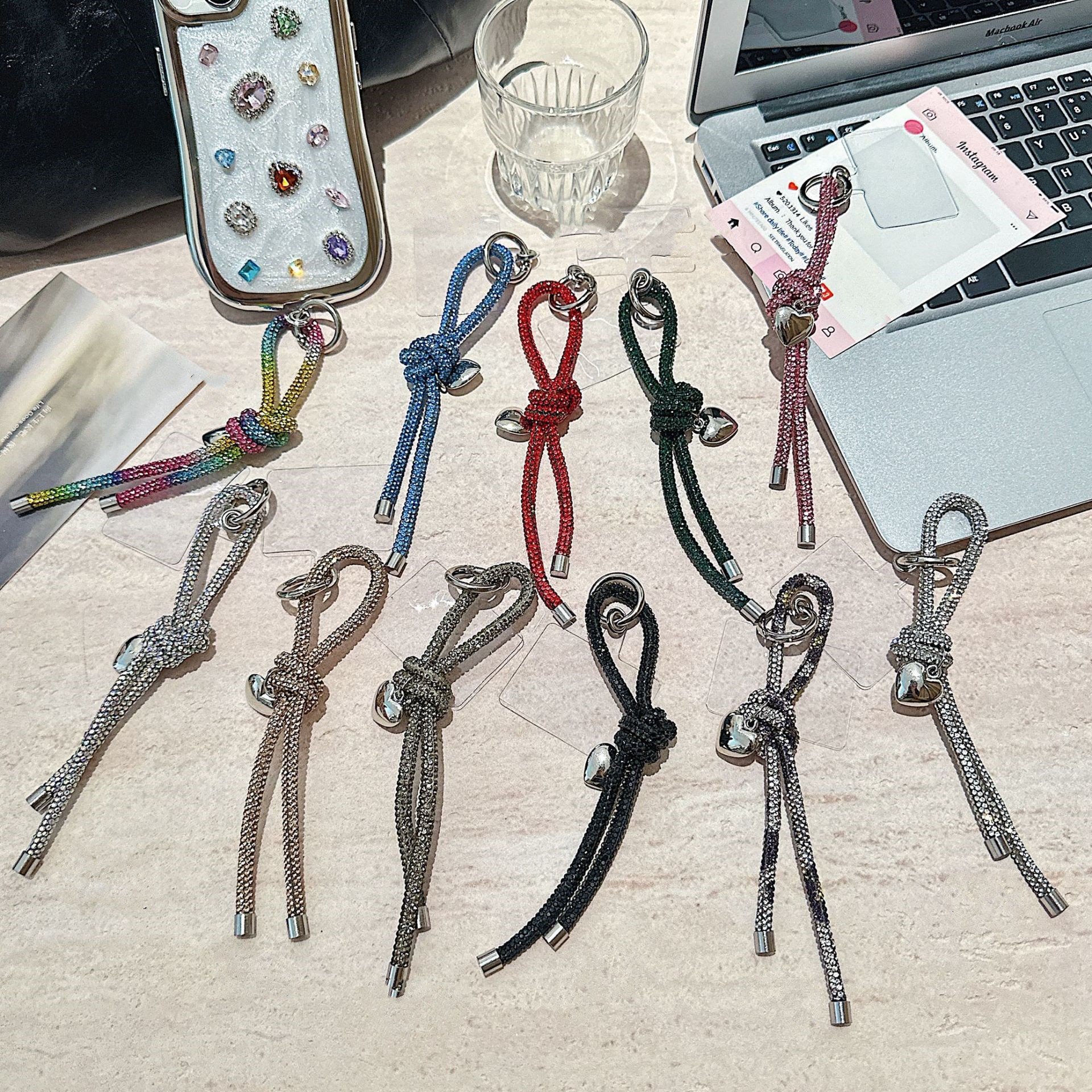 2024 New Crystal Keyring Shiny Rhinestone Knot Rope Chain Women Car Key Holder Simple Girls Handbag Decoration Bling Keychains