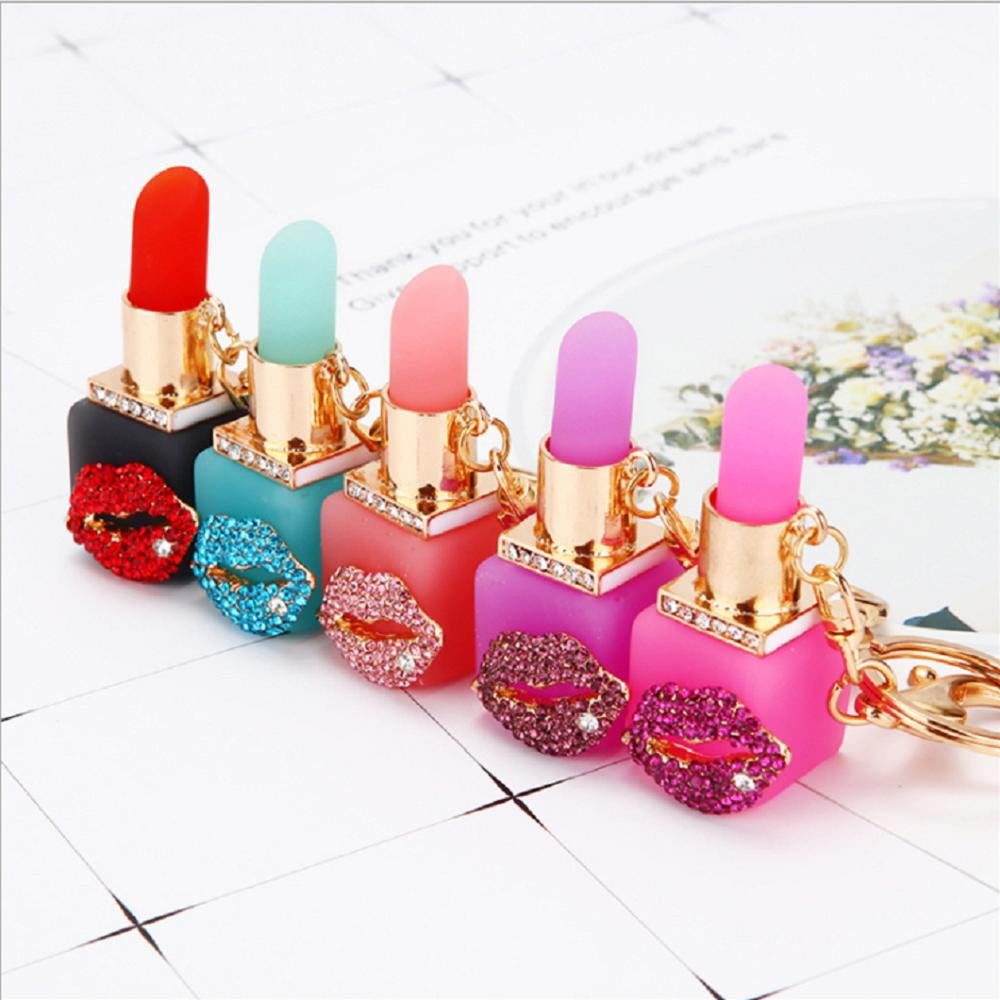 New funny fancy smoking lips diamond crystal Lip Gloss key chain Cute lovely bag Car Rhinestone Lipgloss Keychain