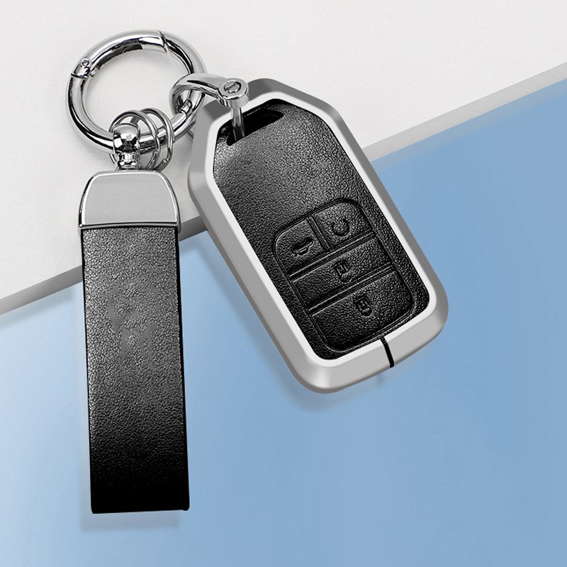Aluminum zinc alloy cover+leather car brand logo key chain car remote fob key case fit For HONDA Accessories