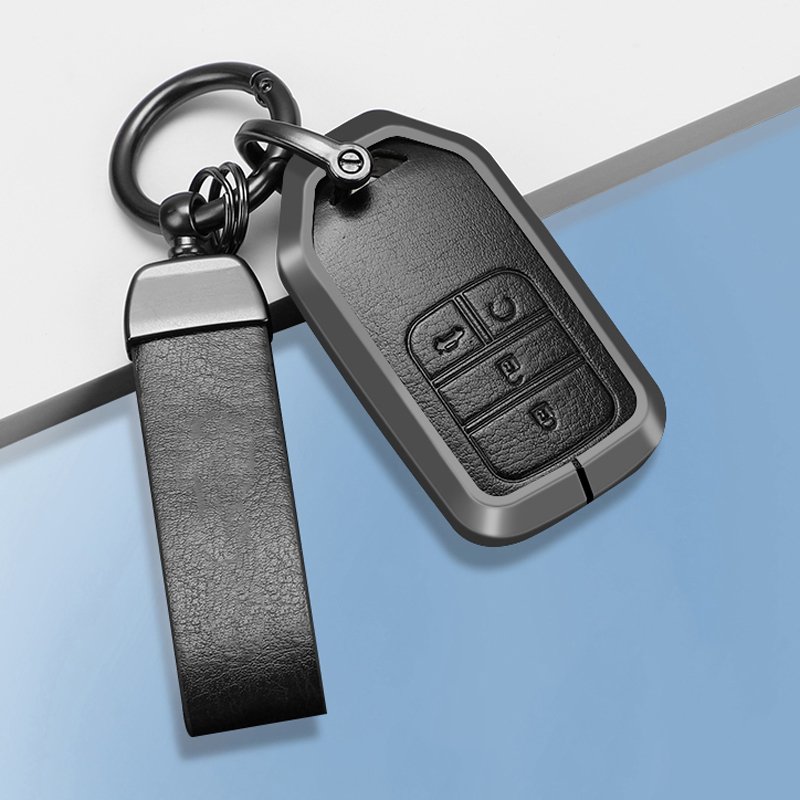 Aluminum zinc alloy cover+leather car brand logo key chain car remote fob key case fit For HONDA Accessories