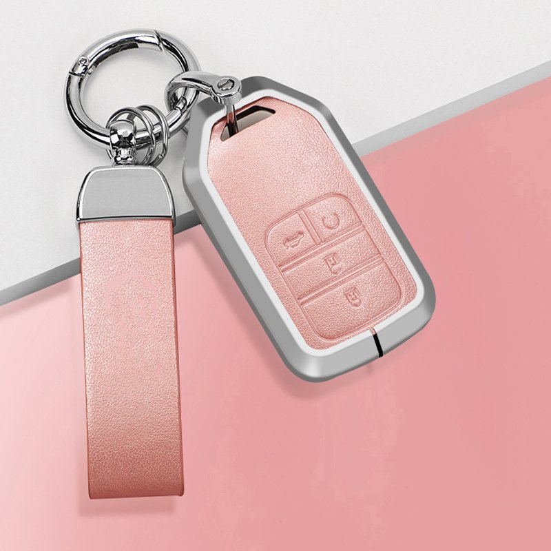 Aluminum zinc alloy cover+leather car brand logo key chain car remote fob key case fit For HONDA Accessories