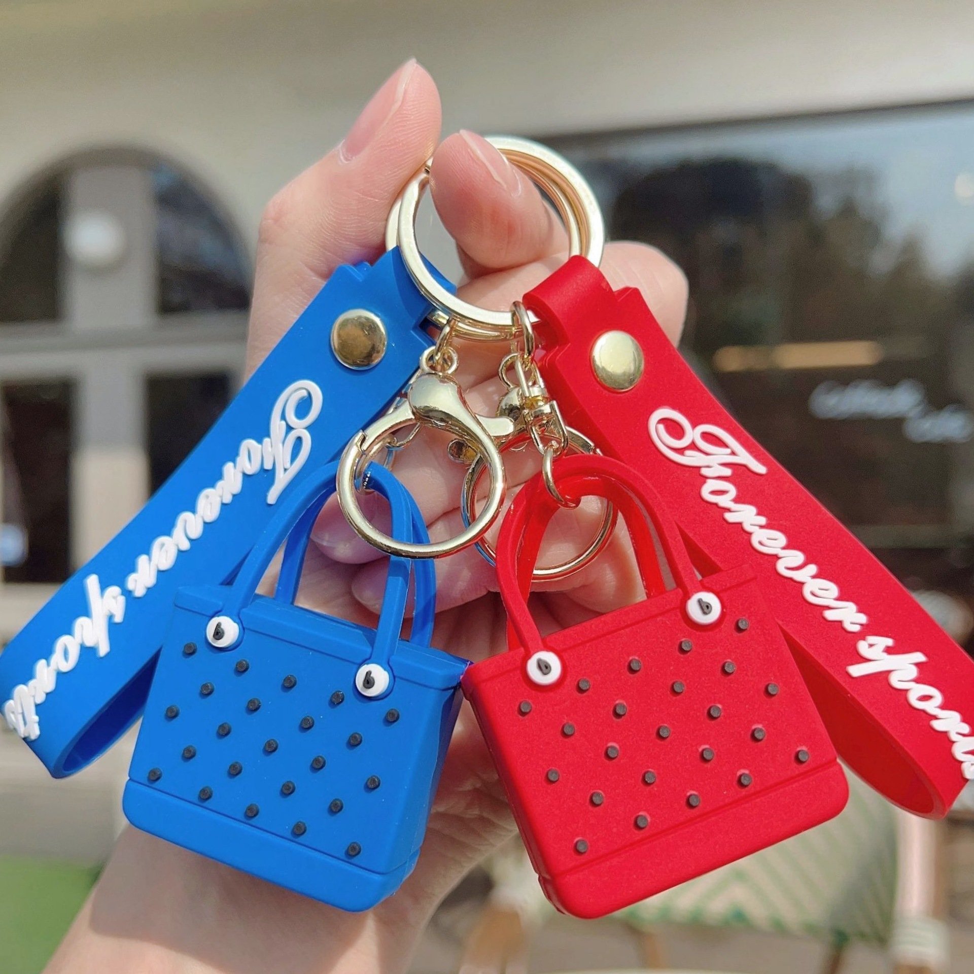 Hot Sales Beach Bag Pendant Keychain Cartoon Bag Car Accessories Rubber Key Chains Llaveros Polka Dot Bag Keychain For Woman
