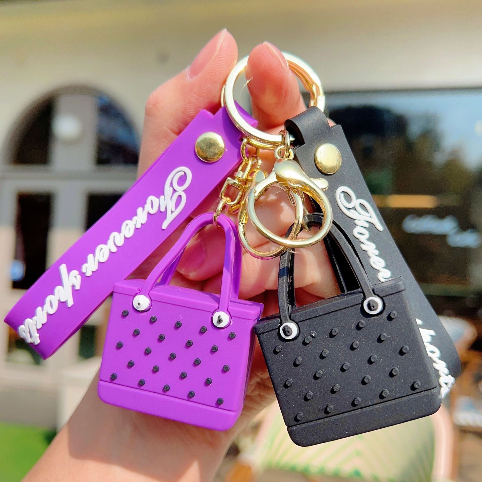 Hot Sales Beach Bag Pendant Keychain Cartoon Bag Car Accessories Rubber Key Chains Llaveros Polka Dot Bag Keychain For Woman
