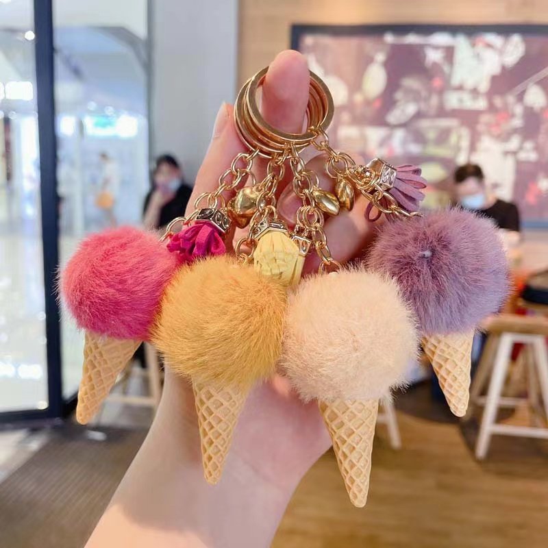 New Fashion 5cm Imitation Rex Rabbit Fur Fur Ball Ice Cream Cone Key Chain Pendant Bag Key Pendant Wholesale