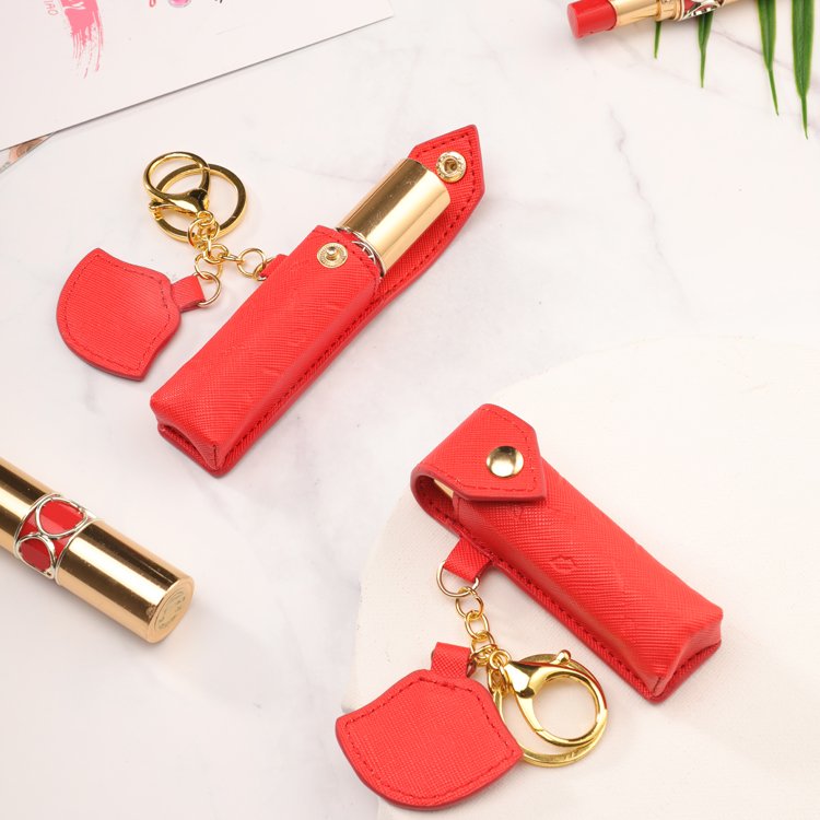 Lipstick Lip Balm Chapstick Holder Keychain Key Chain Wholesale Custom Leather for Girl and Women Custom Logo PU Alloy One Gift