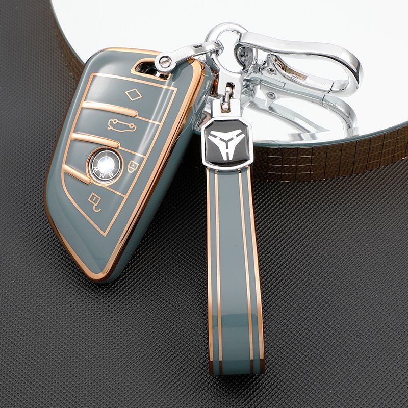 New Soft TPU Gold Edge Car Key Case with Keychain Accessories for BMW X1 X2 X3 X5 X6 Series 1 2 5 6 7 M5 M6 car key cover