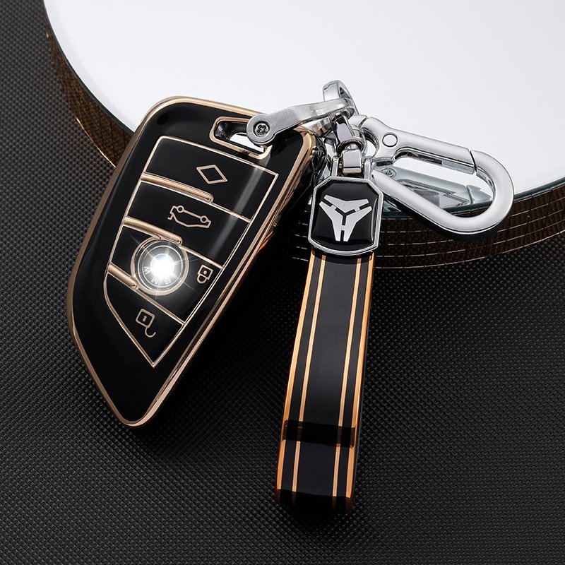 New Soft TPU Gold Edge Car Key Case with Keychain Accessories for BMW X1 X2 X3 X5 X6 Series 1 2 5 6 7 M5 M6 car key cover