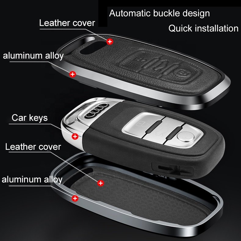 2023 New Car Accessories Aluminum Alloy Leather Car Key Cover For Audi A S RS Q Series Smart 3 Buttons Key Case