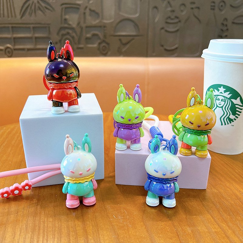 3D electroplating UV cartoon rabbit keychain soft PVC hanging rope custom rabbit small gifts wholesale car interior decoration