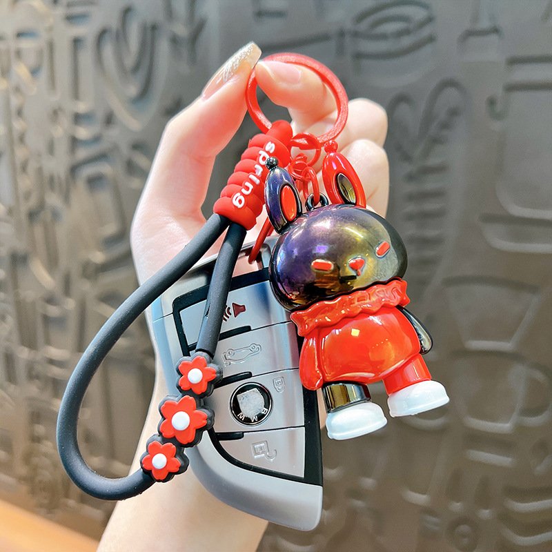 3D electroplating UV cartoon rabbit keychain soft PVC hanging rope custom rabbit small gifts wholesale car interior decoration
