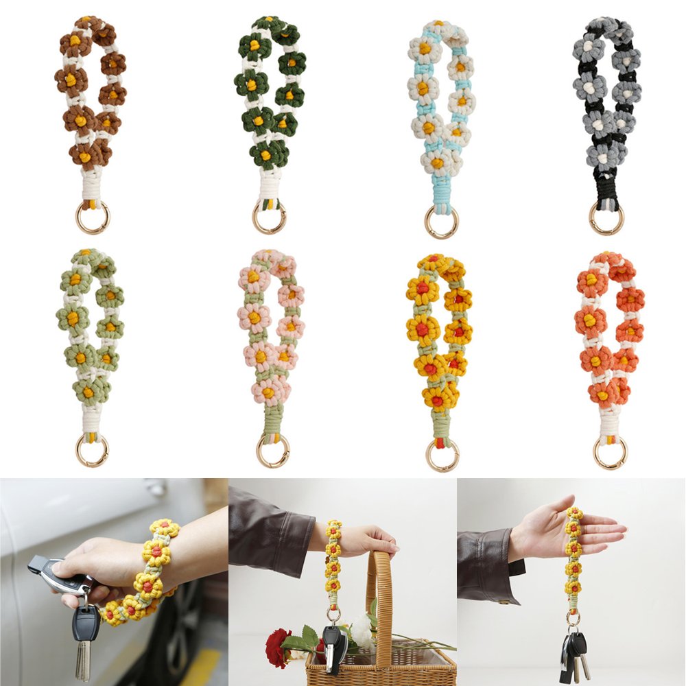 New Arrival Bohemian Flower Small Daisy Key Ring DIY Hand Woven Cotton Wrist Phone Key Ring