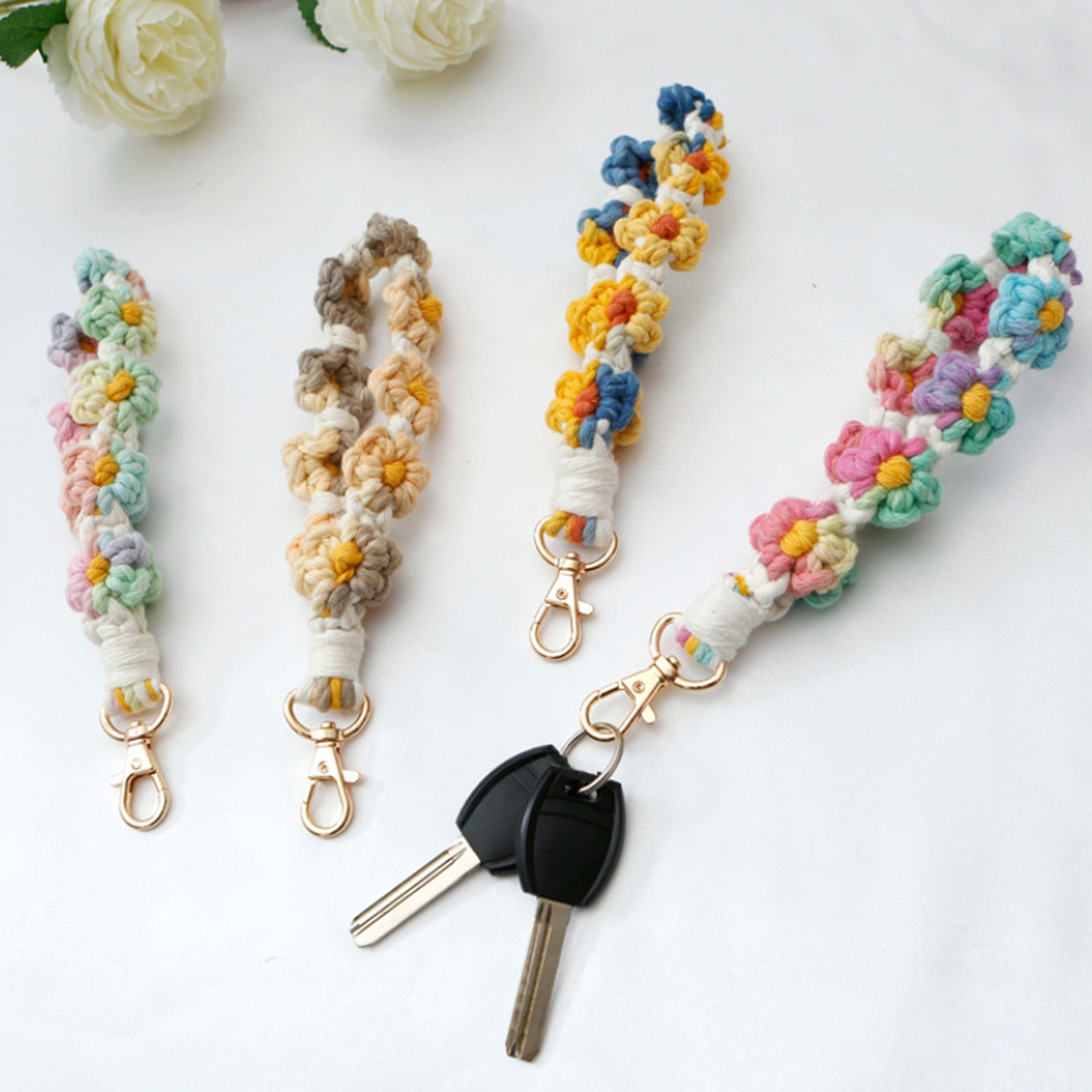 New Arrival Bohemian Flower Small Daisy Key Ring DIY Hand Woven Cotton Wrist Phone Key Ring