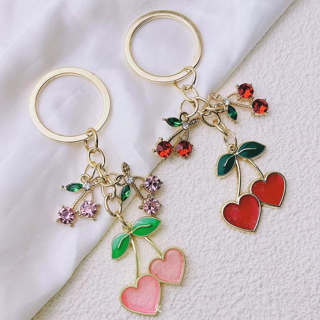 Bling Rhinestone 3D Cherry Keychains for bag Decoration glitter Crystal Women fruit cherry bag charm pendant jewelry accessories
