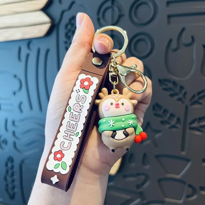 Wholesale 3D PVC Merry Christmas Festival Keychains Cartoon Snowman Christmas Tree Gifts Santa Claus Reindeer Keyring