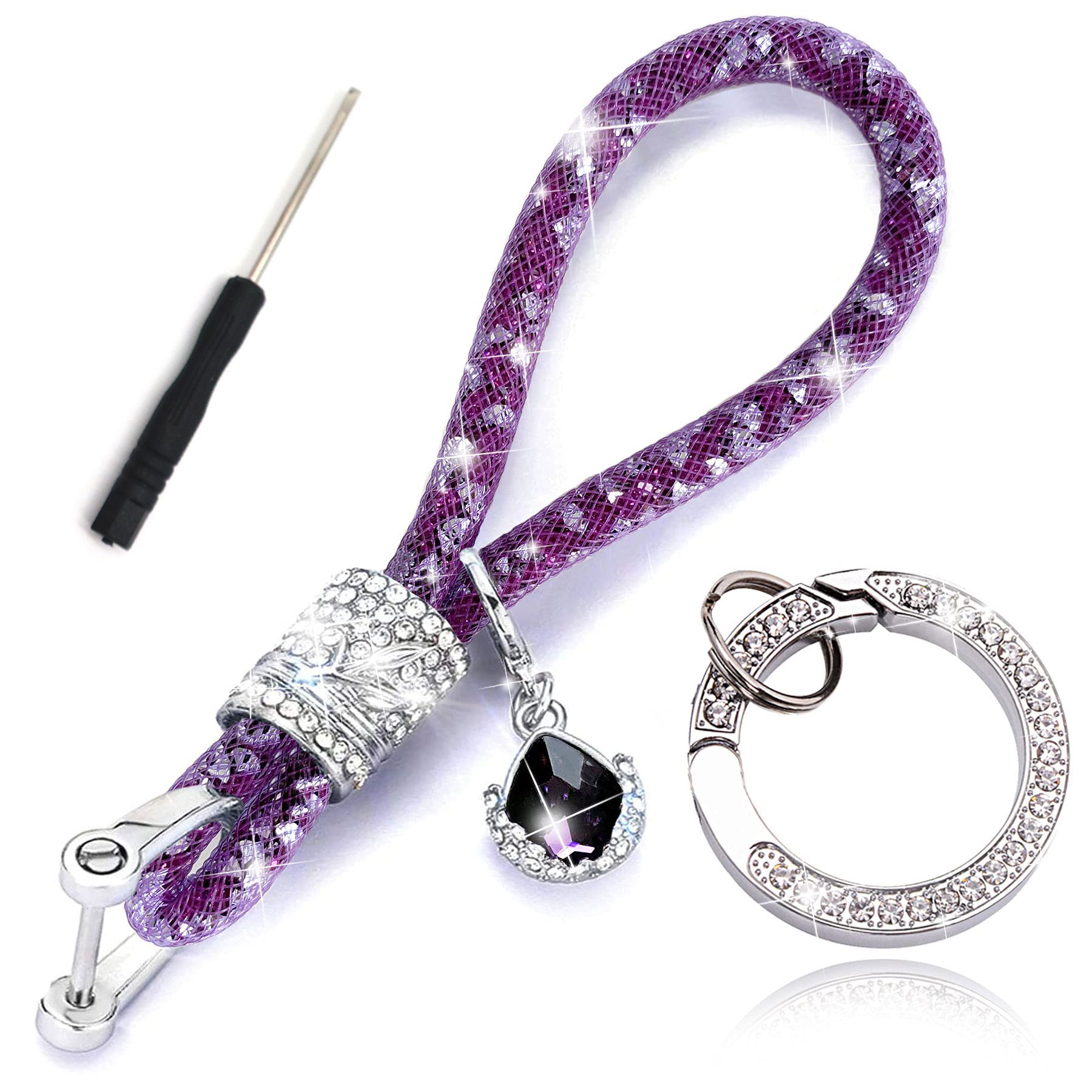 Fashion Women Car Accessories Key Chain Sparkling Wristlet Rhinestones Keychain Stylish Bling Mesh Rope Key Ring