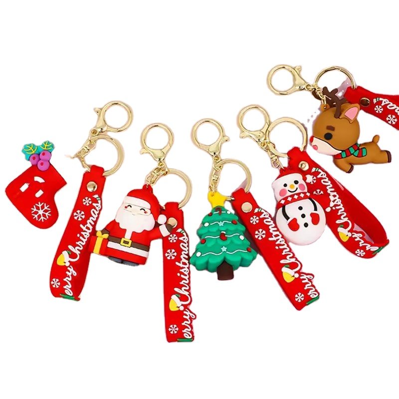 3D PVC keychains Cute Happy New Year Christmas Tree Snowman 3D Doll Car Keyring Kids Gift Keychain Manufacturers wholesale