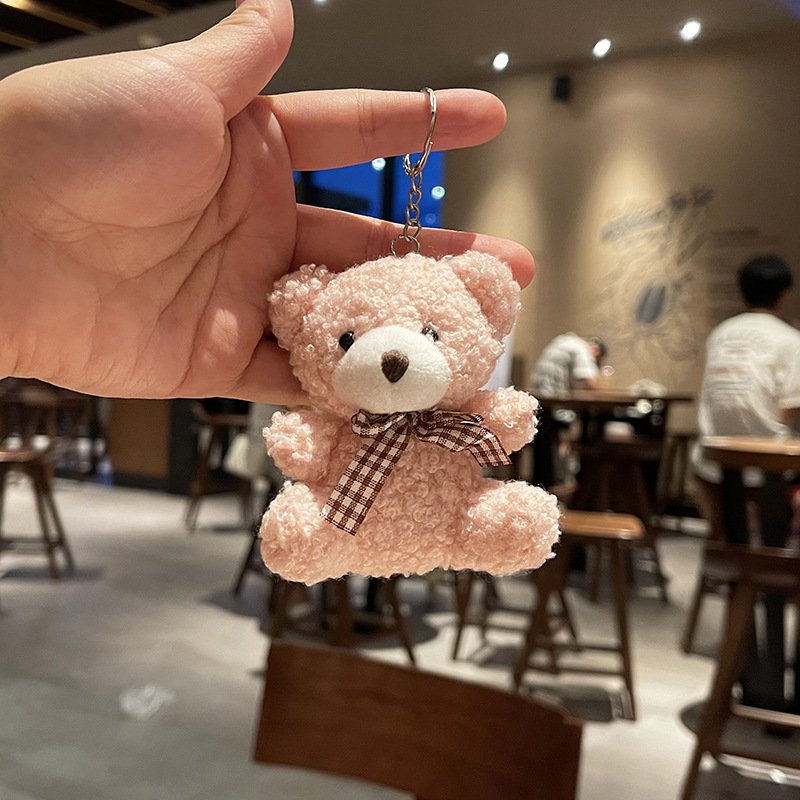 Ruunjoy Mini bow tie teddy bear short plush toy bag car key chain pendant doll ornament decoration doll keychain unique boutique
