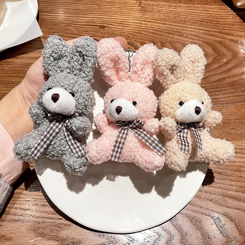 Ruunjoy Mini bow tie teddy bear short plush toy bag car key chain pendant doll ornament decoration doll keychain unique boutique