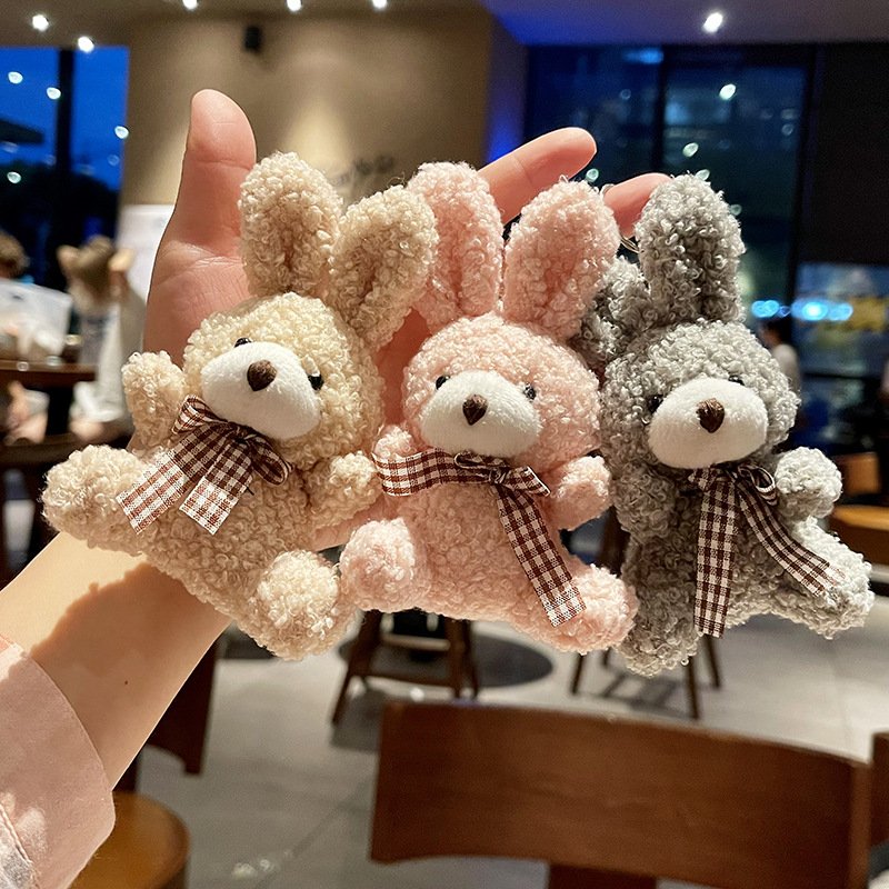 Ruunjoy Mini bow tie teddy bear short plush toy bag car key chain pendant doll ornament decoration doll keychain unique boutique