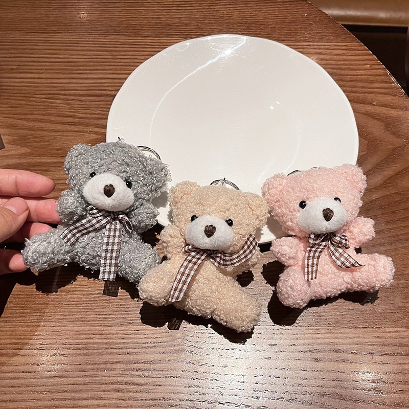 Ruunjoy Mini bow tie teddy bear short plush toy bag car key chain pendant doll ornament decoration doll keychain unique boutique
