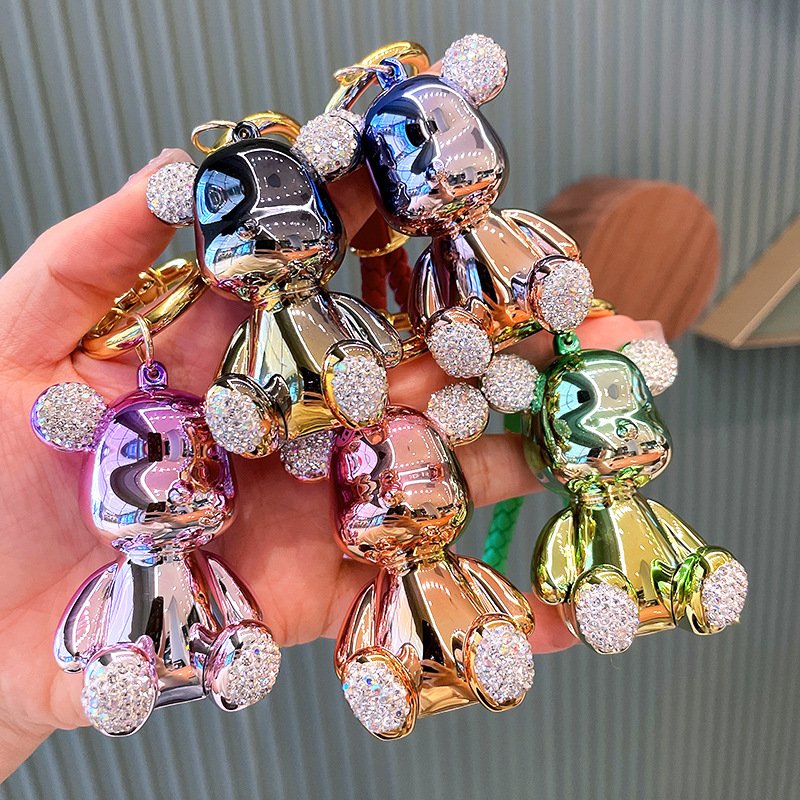 Cute Colorful crystal teddy bear Wristlet Key chains Kawaii Backpacks Bag Charms Car Key Rings bear Keychain bling Accessories