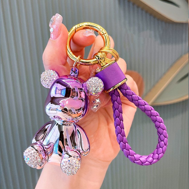Cute Colorful crystal teddy bear Wristlet Key chains Kawaii Backpacks Bag Charms Car Key Rings bear Keychain bling Accessories