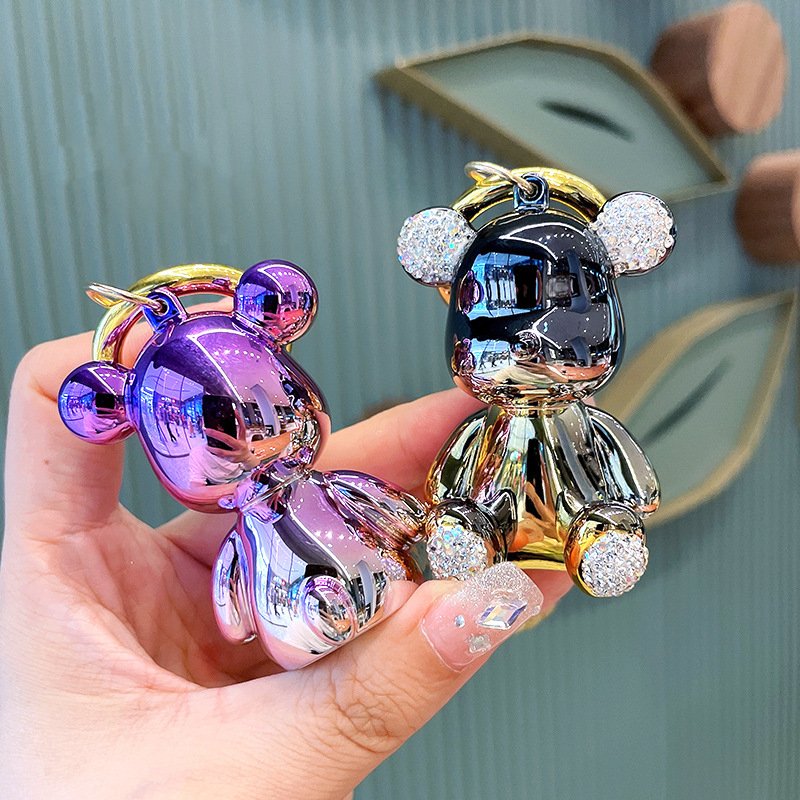 Cute Colorful crystal teddy bear Wristlet Key chains Kawaii Backpacks Bag Charms Car Key Rings bear Keychain bling Accessories