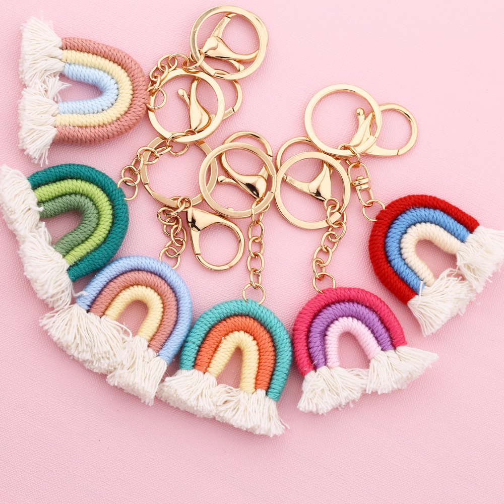 Boho Cotton Rainbow Tassel Key Chains Car Pendant Bag Accessories Woven Keychain Charm Boho Rainbow Macrame Tassel Keychains
