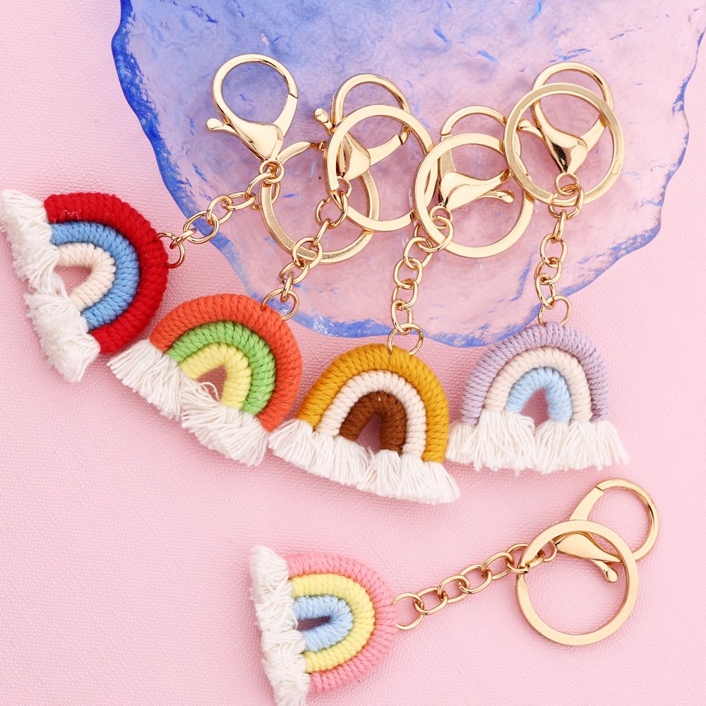 Boho Cotton Rainbow Tassel Key Chains Car Pendant Bag Accessories Woven Keychain Charm Boho Rainbow Macrame Tassel Keychains