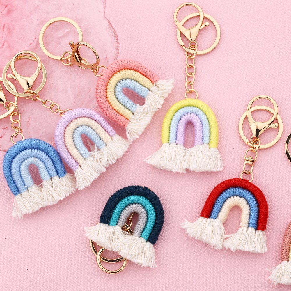Boho Cotton Rainbow Tassel Key Chains Car Pendant Bag Accessories Woven Keychain Charm Boho Rainbow Macrame Tassel Keychains
