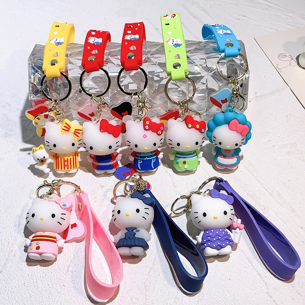 3D Cute cartoon PVC Anime keychain KT cat doll Keychain character charm soft silicon rubber bag pendant car key Ring keychains