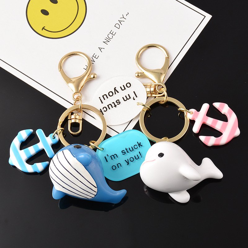 3D Cartoon Dolphin Blue Whale Keychain Resin Car Key Ring Cute Bell Student Bag Pendant Boy Girl Simple Couple Gift