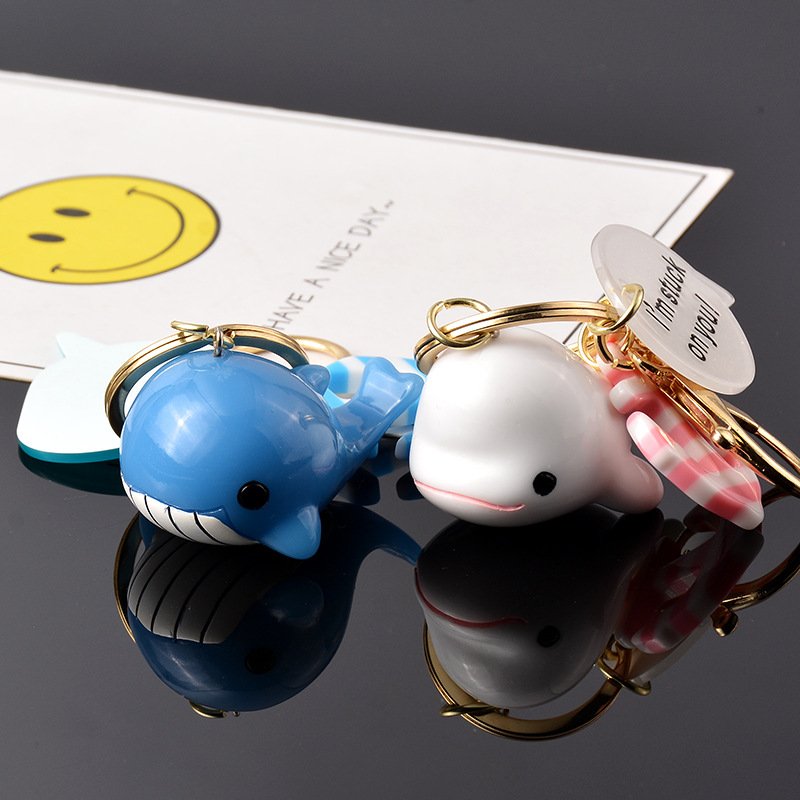 3D Cartoon Dolphin Blue Whale Keychain Resin Car Key Ring Cute Bell Student Bag Pendant Boy Girl Simple Couple Gift