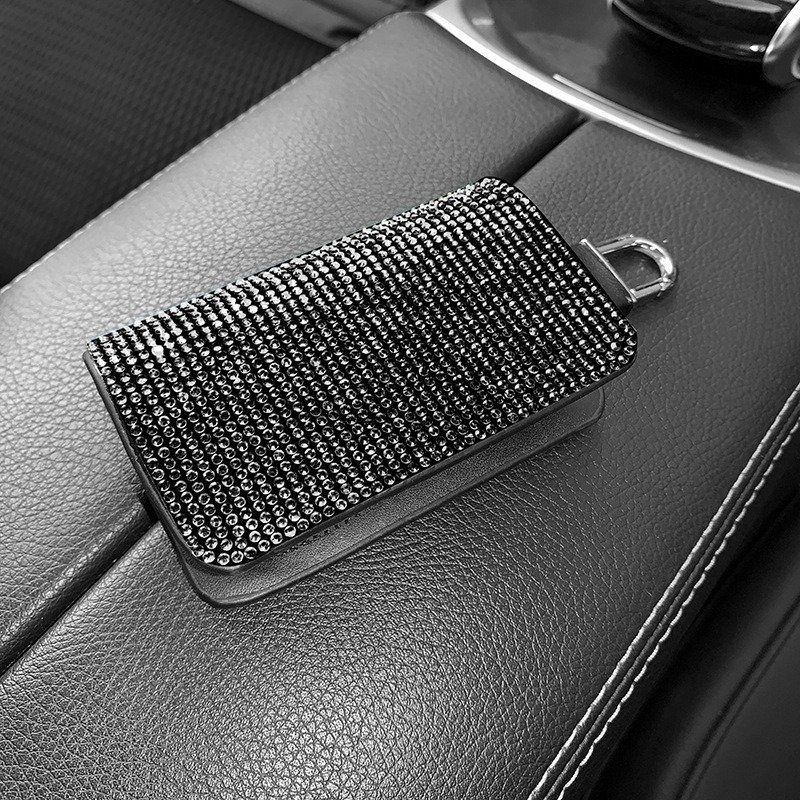 2023 Universal Crystal Leather Car Key Case Black Pu Zipper Keychain Protection Case Car Accessories