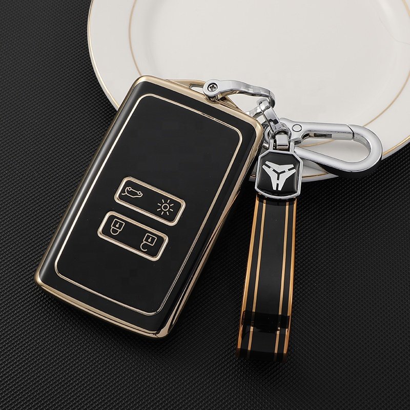 Gold Edge TPU key cover with keychain fit for Renault Clio Espace 5 Master Bus Talisman Megane Protector Bag Holder Accessories