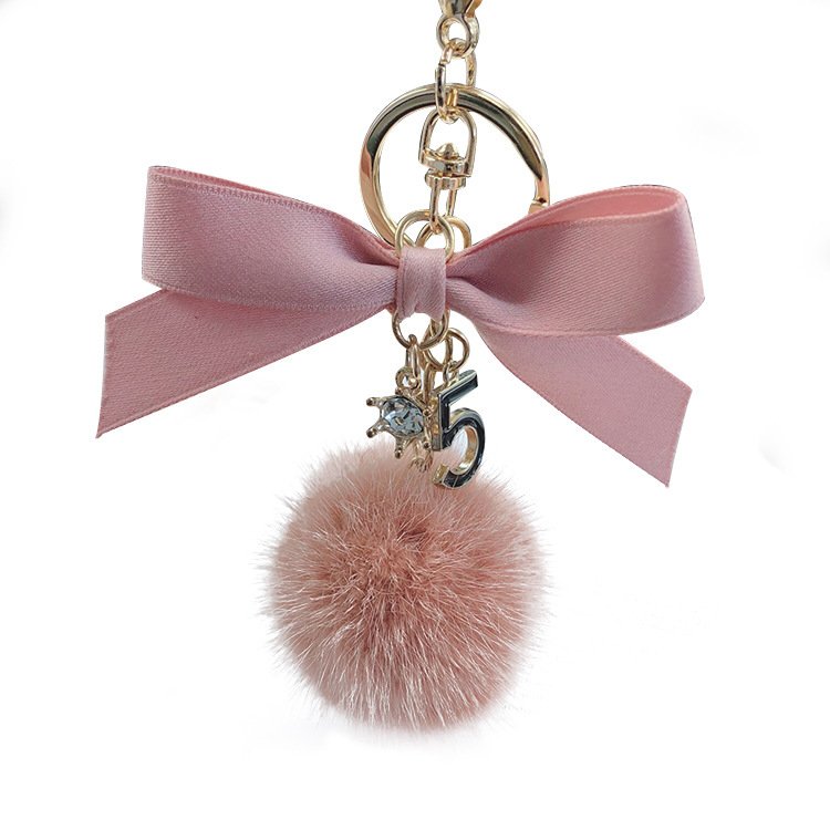 New Fashion Korean Mink Hair Ball Keyholder Bowknot Charming Handbag Pompom Key Chain for Lady (KC165C)
