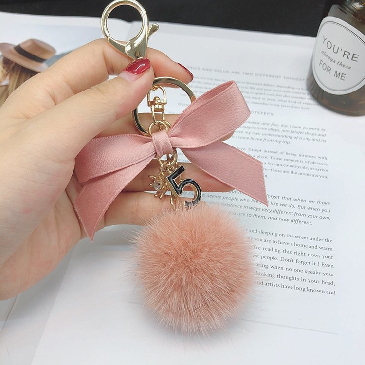 New Fashion Korean Mink Hair Ball Keyholder Bowknot Charming Handbag Pompom Key Chain for Lady (KC165C)