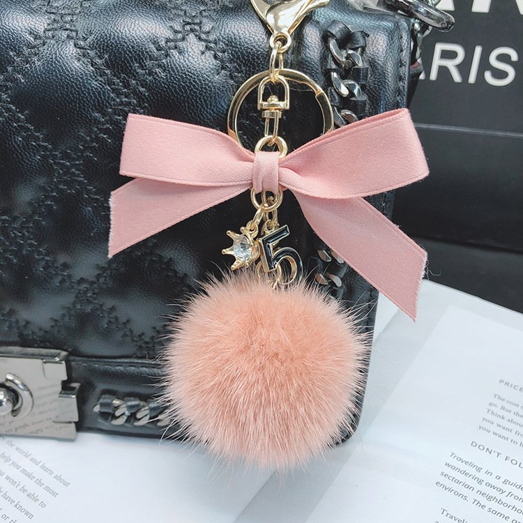 New Fashion Korean Mink Hair Ball Keyholder Bowknot Charming Handbag Pompom Key Chain for Lady (KC165C)