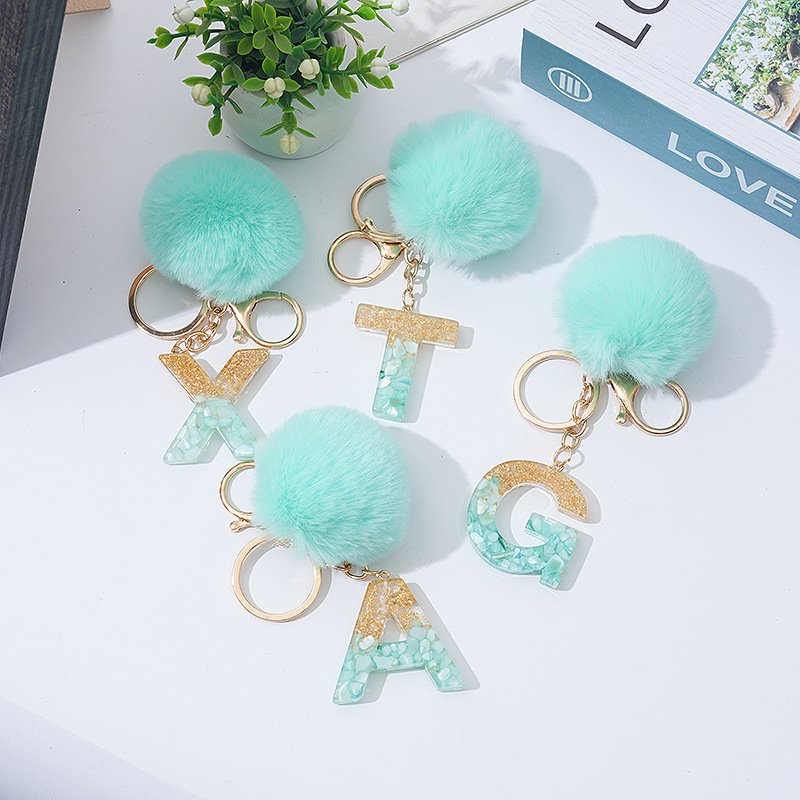 Custom 26 Letter Key Ring Green Cute Fuzzy Plush Ball Pendant Woman Gift Handbag Ornament keychain key chains keychains