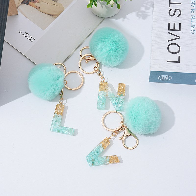 Custom 26 Letter Key Ring Green Cute Fuzzy Plush Ball Pendant Woman Gift Handbag Ornament keychain key chains keychains