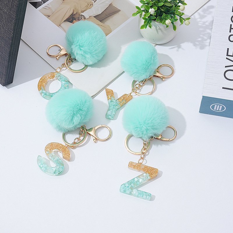 Custom 26 Letter Key Ring Green Cute Fuzzy Plush Ball Pendant Woman Gift Handbag Ornament keychain key chains keychains